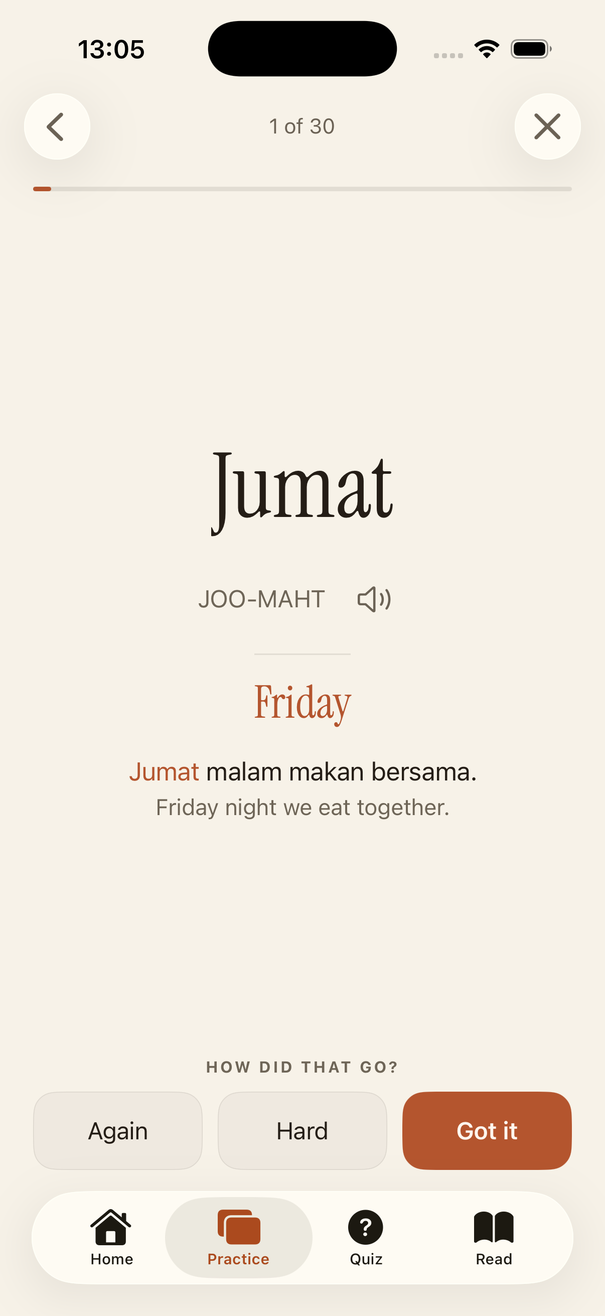 Practice flashcard: Jumat, Friday, with Again Hard Got it grades