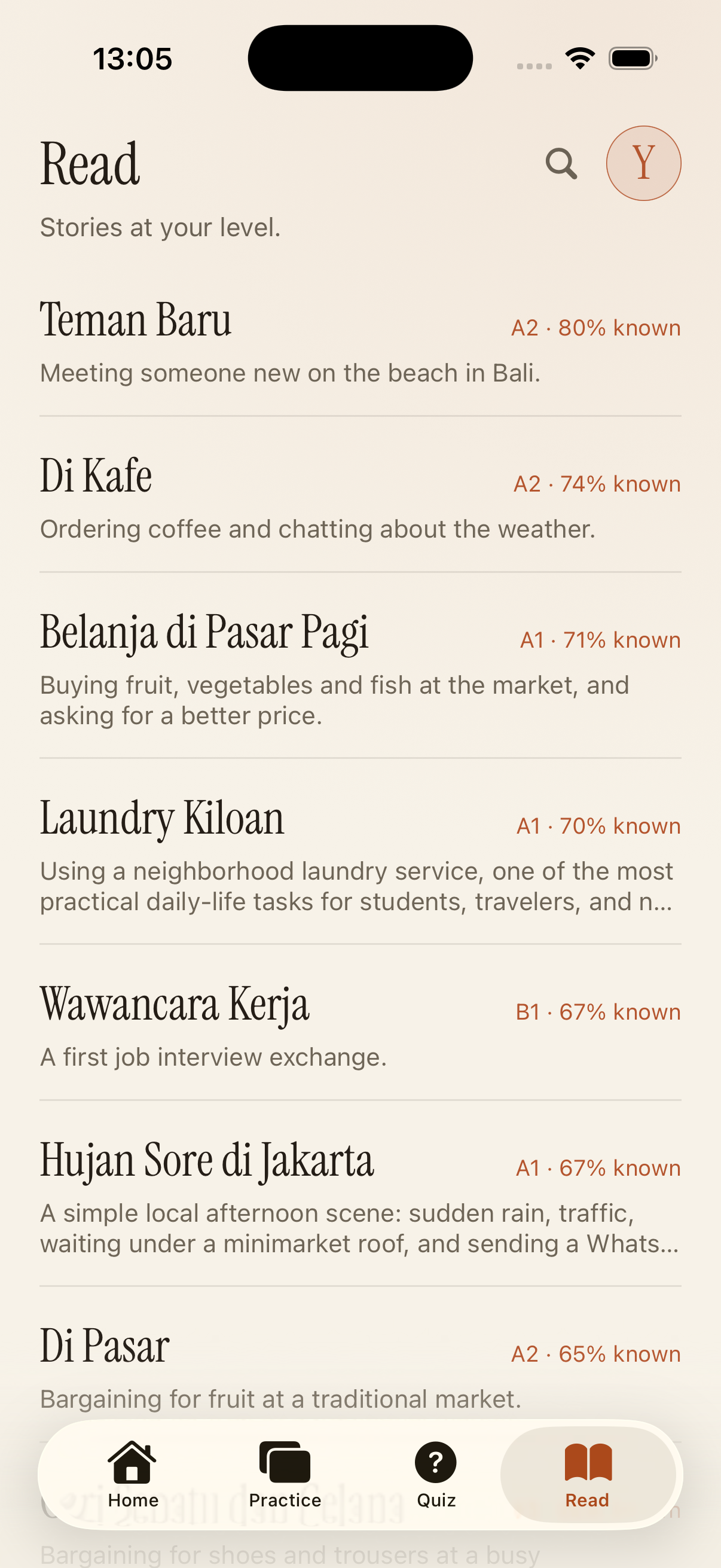 Read stories at your level with known-word percentage
