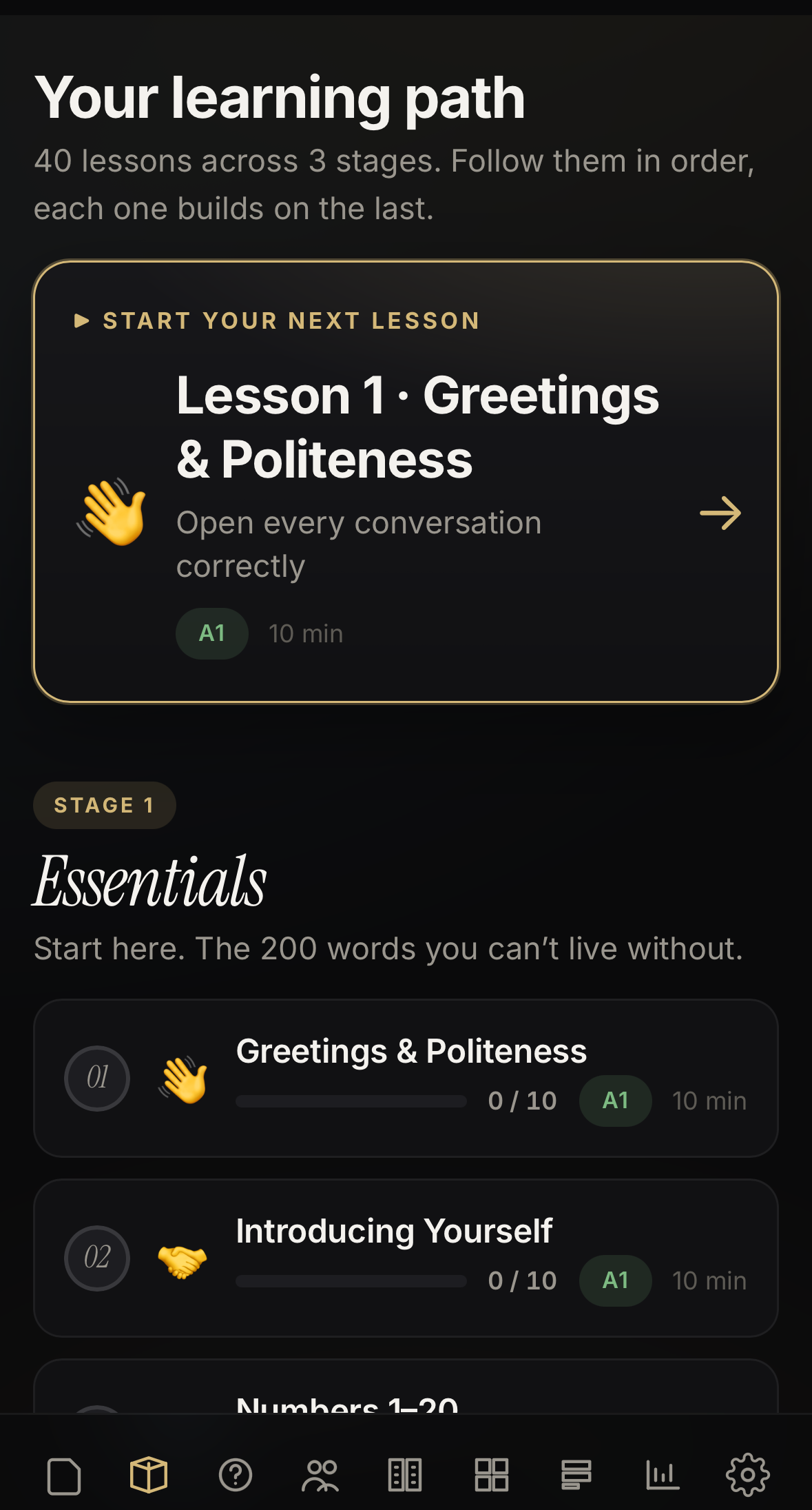 Your learning path: 40 lessons across 3 stages, A1 to B1